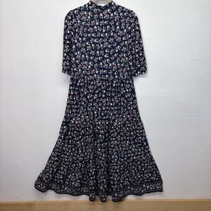 Max Studio Women's Floral Button Front Long Dress Boho Cottage Blue Tiered